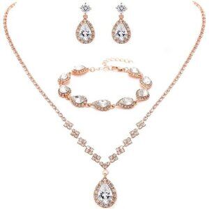 Rose Gold Bridal Crystal Necklace Earrings Set Bridal Wedding Jewelry Set